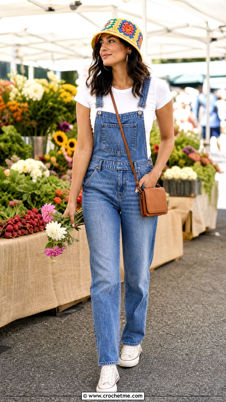 Granny Square Crochet Bucket Hat With Denim Overalls - 35 Crochet Hats For Women outfit ideas