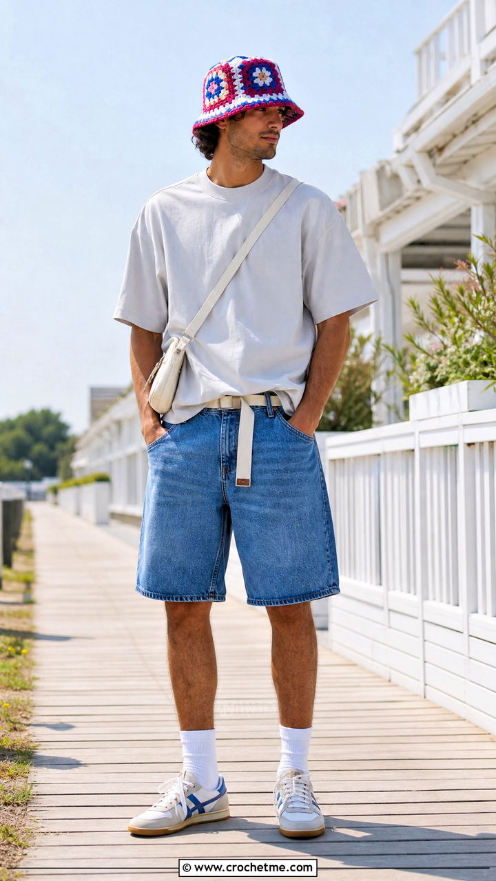 Granny Square Crochet Bucket Hat With Denim Shorts - 35 crochet hats for men outfit ideas