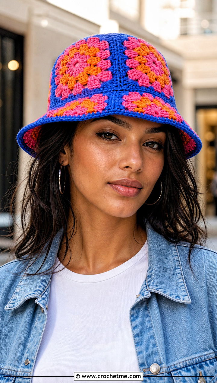 Granny Square Crochet Bucket Hat With Denim Skirt - 15 crochet trendy bucket hat outfit ideas