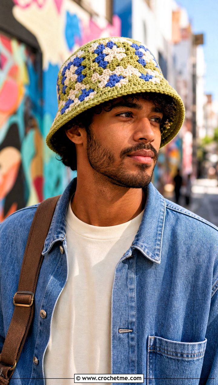 Granny Square Crochet Bucket Hat With Double Denim - 15 Unique Crochet Men Hat outfit ideas