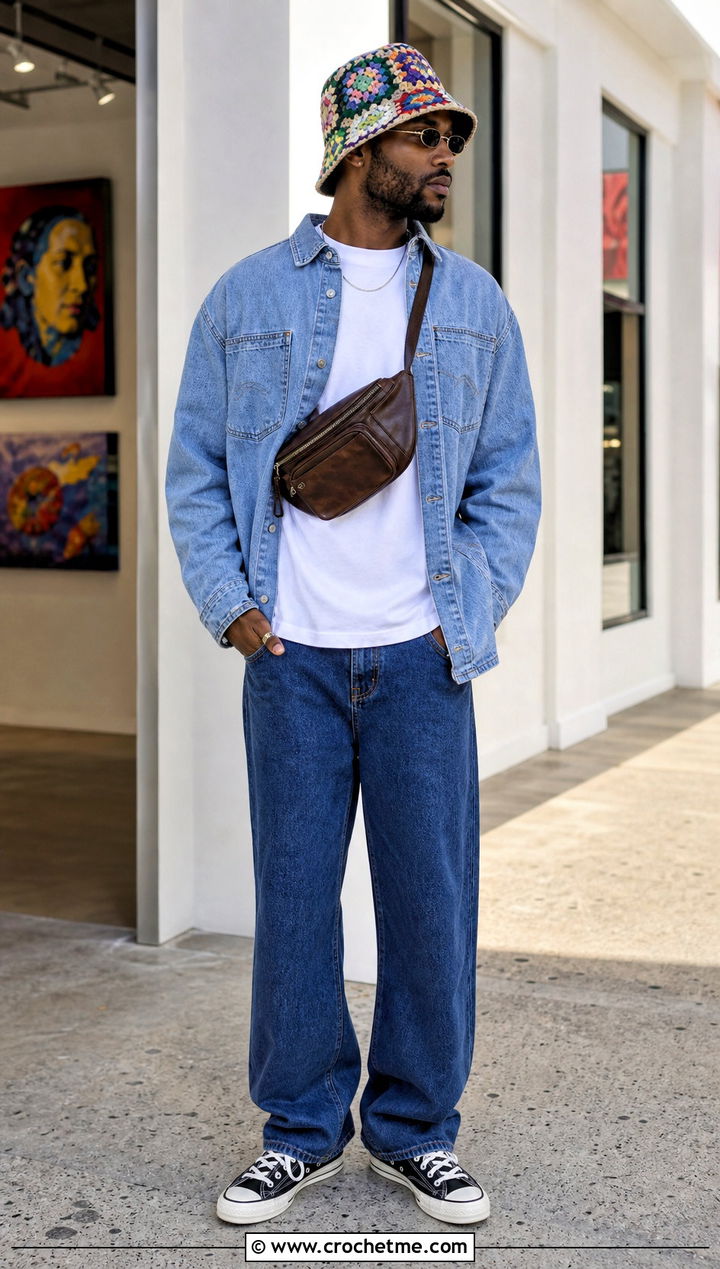 Granny Square Crochet Bucket Hat With Double Denim - 35 mens crochet hat outfit ideas