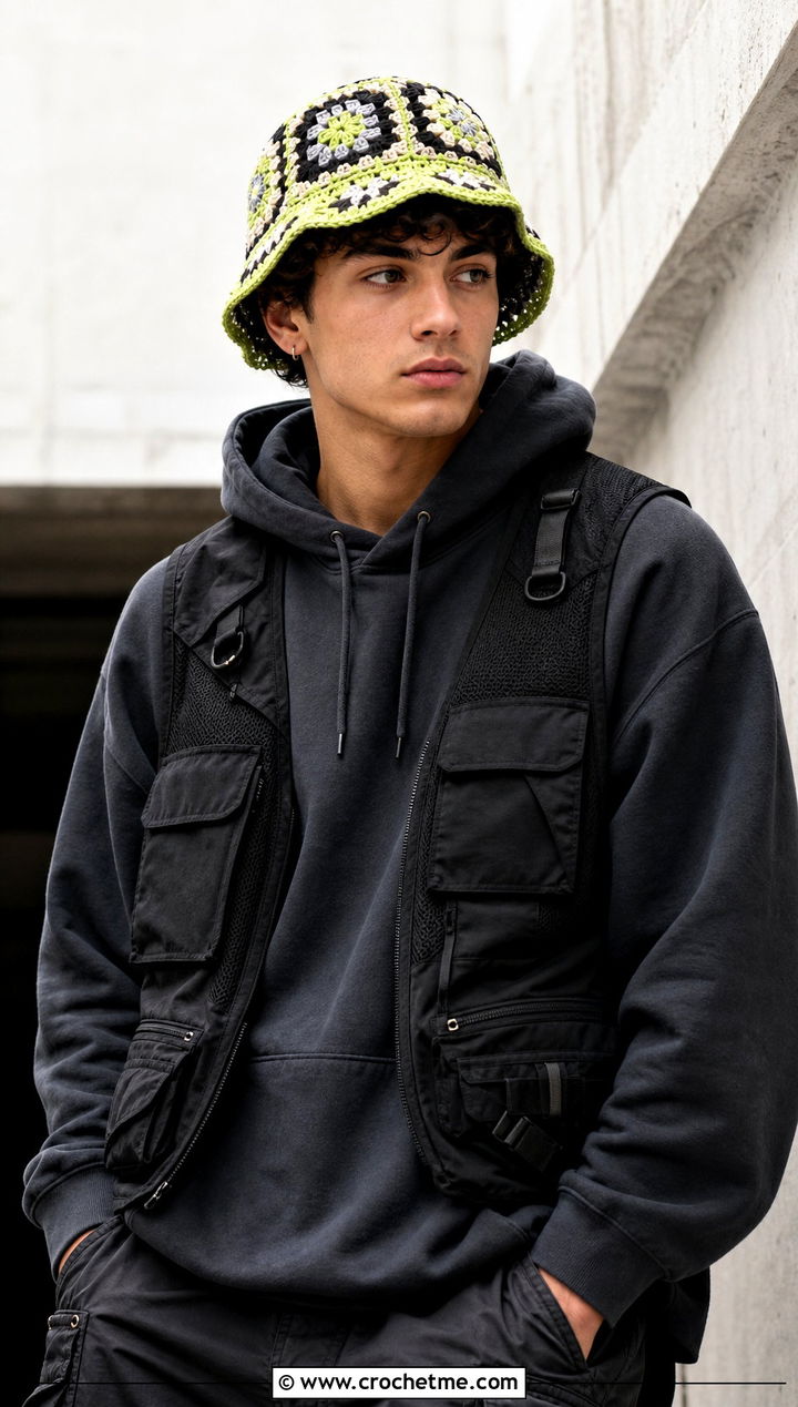 Granny Square Crochet Bucket Hat With Hoodie And Cargo Pants - 15 Crochet Mens Bucket Hat outfit ideas