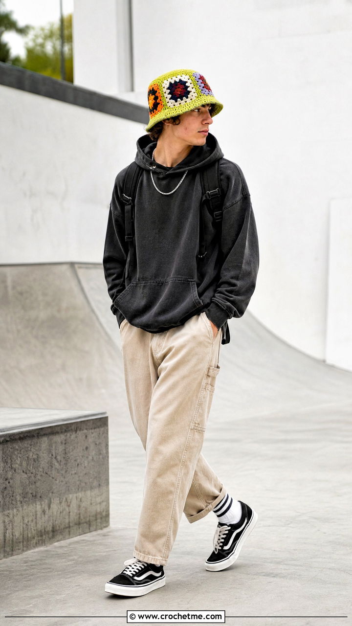 Granny Square Crochet Bucket Hat With Hoodie And Skate Pants - 35 crochet hat for men outfit ideas