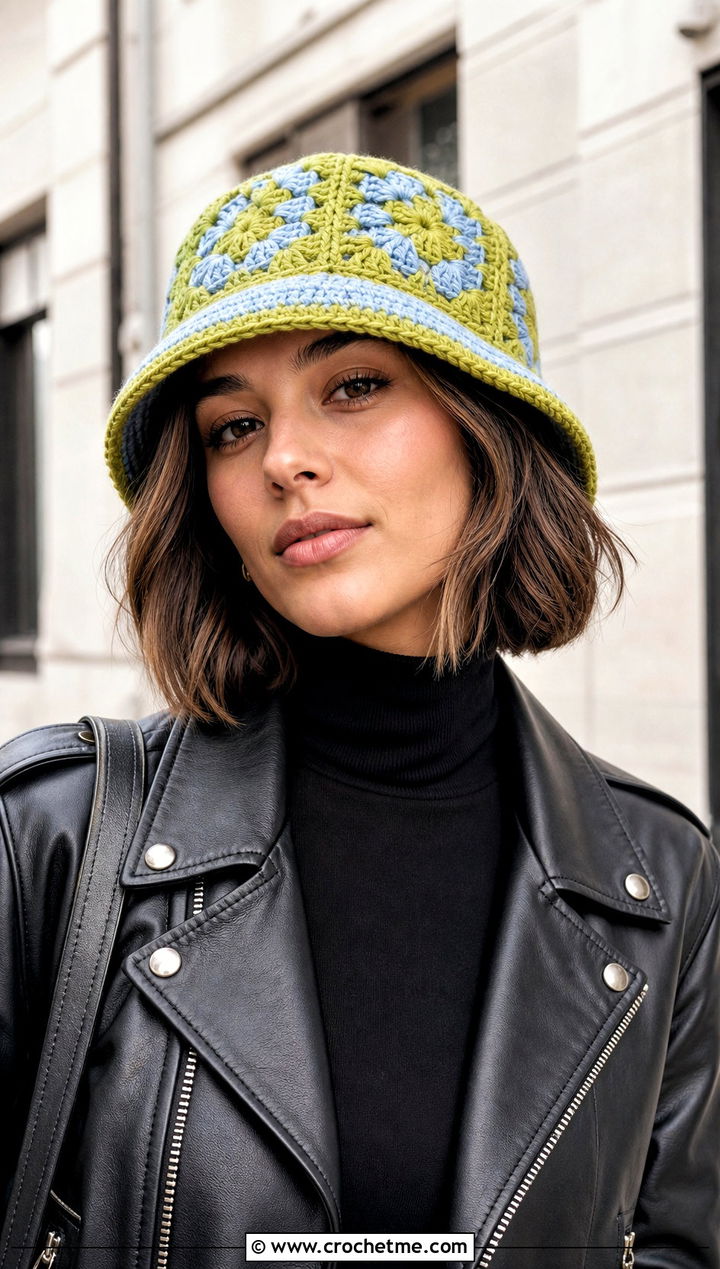 Granny Square Crochet Bucket Hat With Leather Jacket - 30 winter crochet hats outfit ideas