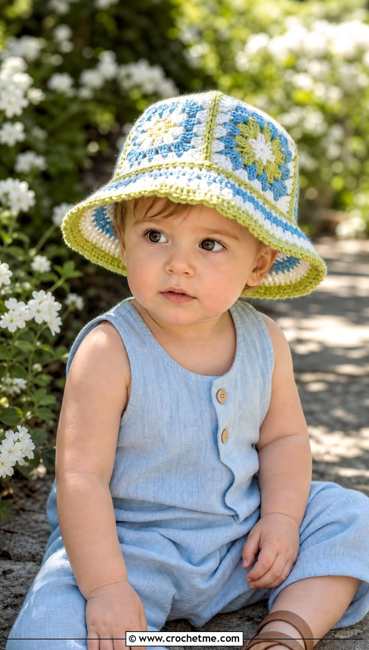 Granny Square Crochet Bucket Hat With Linen Romper - 15 12 month old crochet hat outfit ideas
