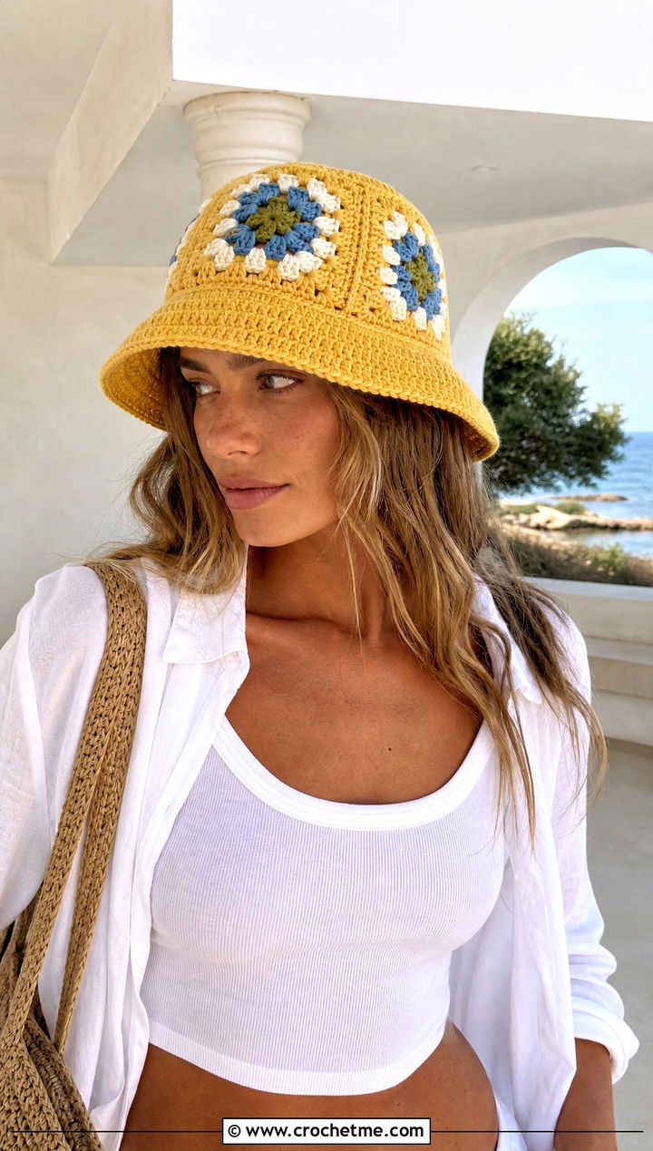 Granny Square Crochet Bucket Hat With Linen Set - 25 Cute Crochet Hats outfit ideas