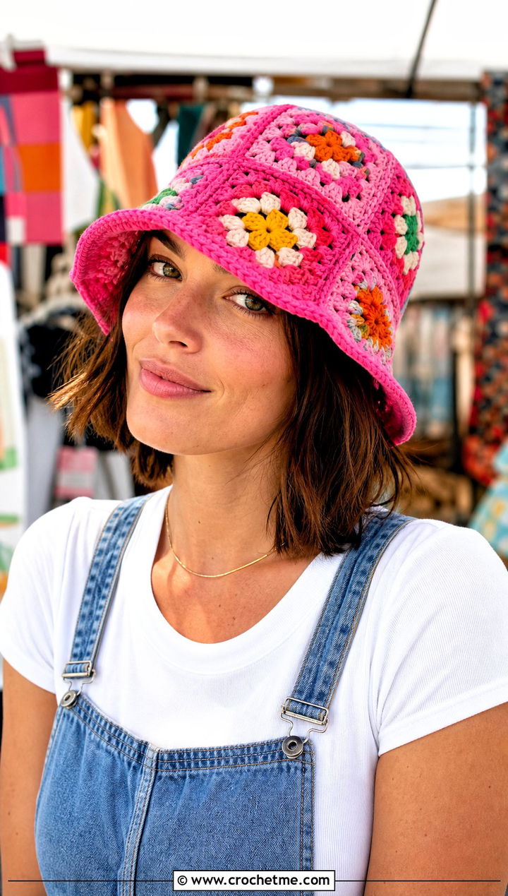 Granny Square Crochet Bucket Hat With Overalls - 35 one piece crochet hat outfit ideas