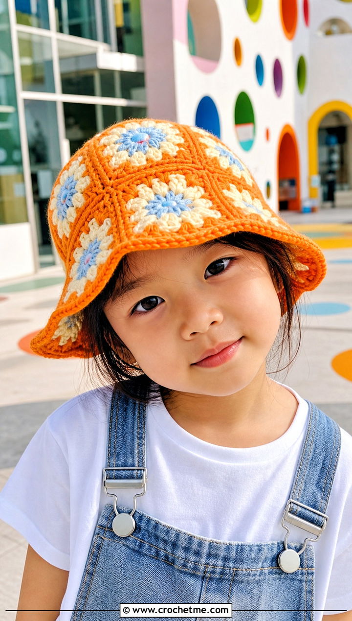 Granny Square Crochet Bucket Hat With Overalls - 25 crochet childs hat outfit ideas