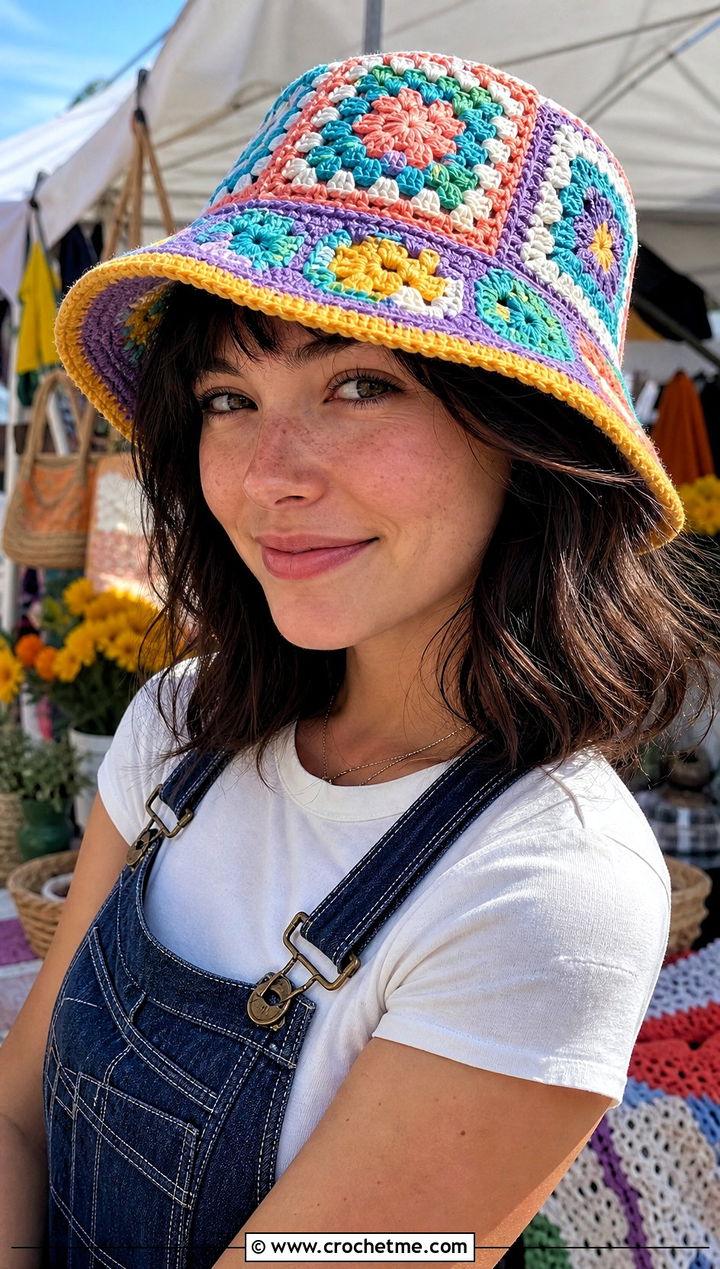 Granny Square Crochet Bucket Hat With Overalls - 25 Quick Crochet Hats outfit ideas