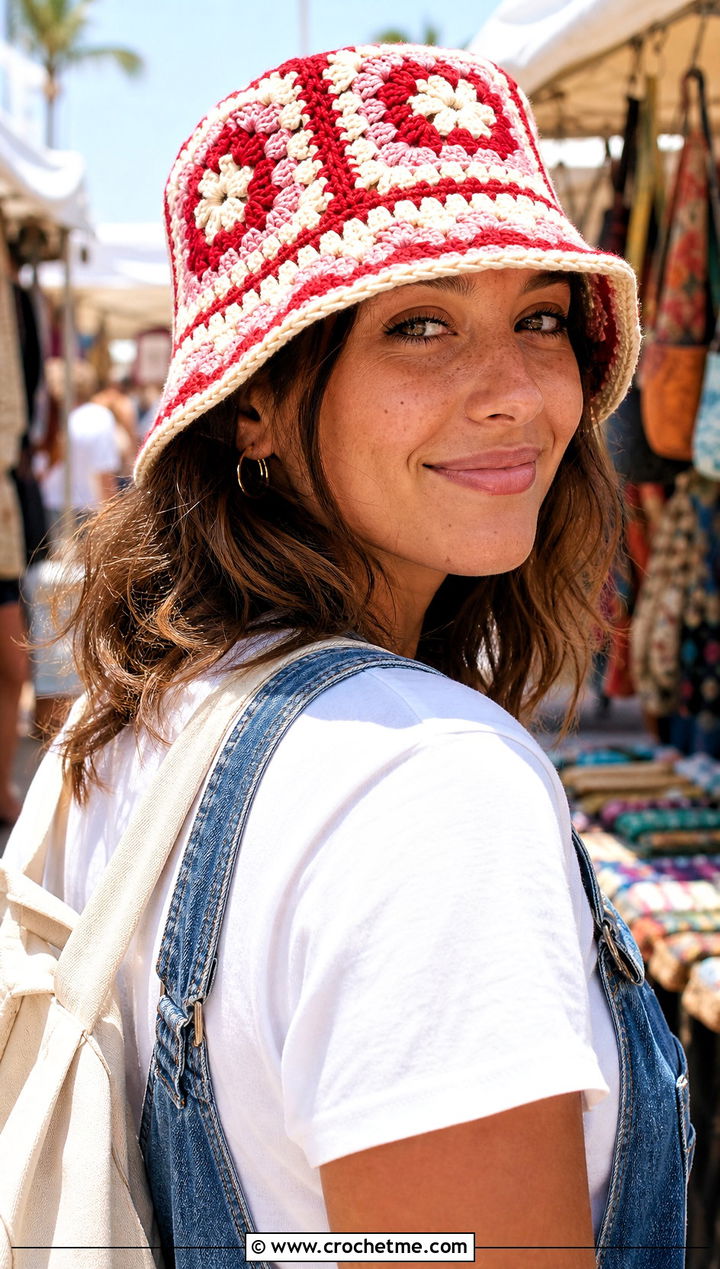 Granny Square Crochet Bucket Hat With Overalls - 25 Easy Crochet Hats With Brim outfit ideas