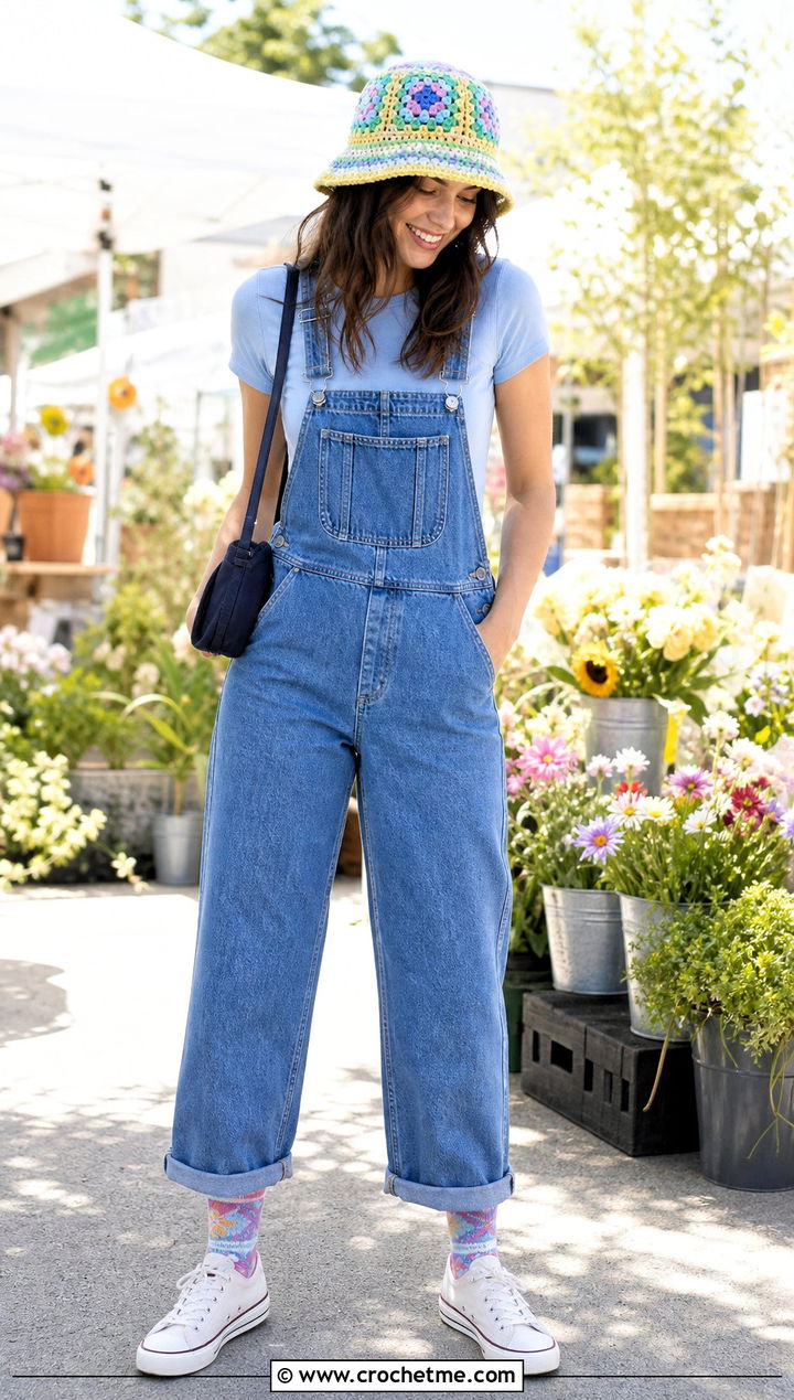 Granny Square Crochet Bucket Hat With Overalls - 35 easy crochet hat for women outfit ideas