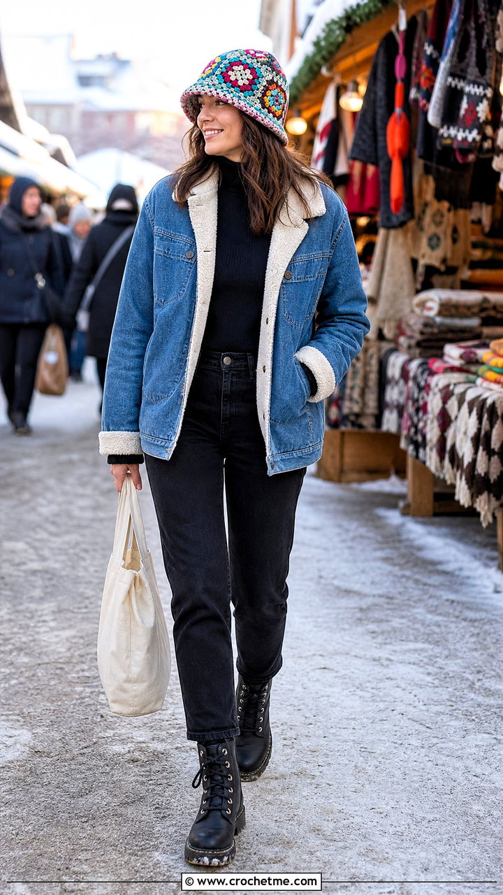Granny Square Crochet Bucket Hat With Sherpa Denim Jacket - 35 crochet winter hat outfit ideas