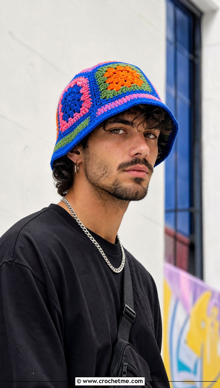Granny Square Crochet Bucket Hat With Streetwear - 25 crochet hat ideas for men