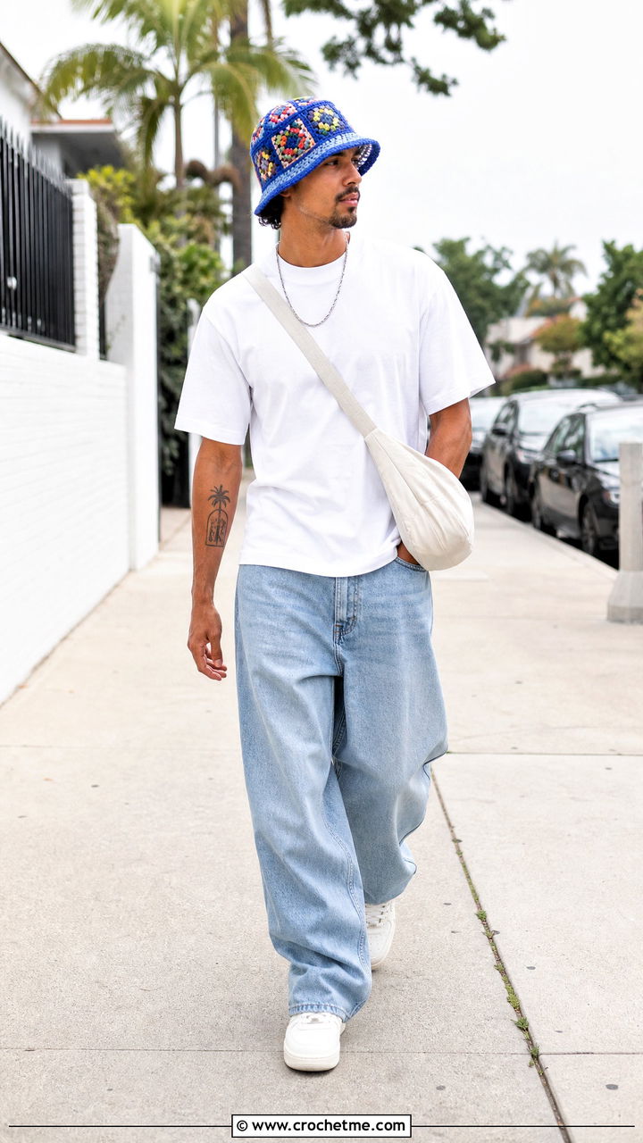 Granny Square Crochet Bucket Hat With White T Shirt And Baggy Jeans - 35 crochet hat men outfit ideas