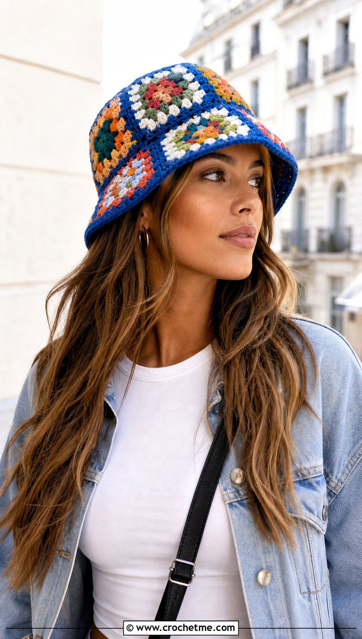 Granny Square Crochet Bucket Hat With White T Shirt And Jeans - 30 Quick And Easy Crochet Hat outfit ideas