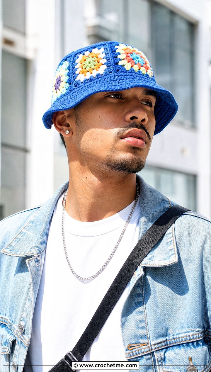 Granny Square Crochet Bucket Hat With White T Shirt And Jeans - 30 men's crochet hats outfit ideas