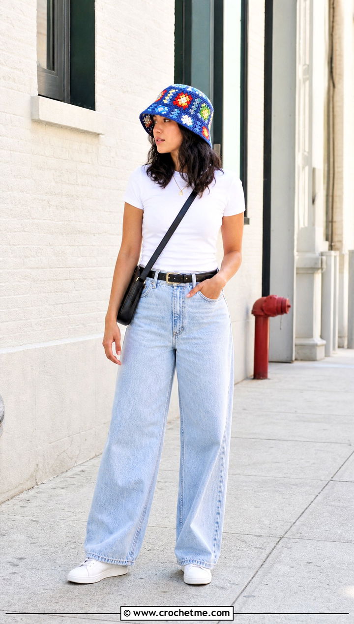 Granny Square Crochet Bucket Hat With Wide Leg Jeans - 35 simple crochet hat outfit ideas
