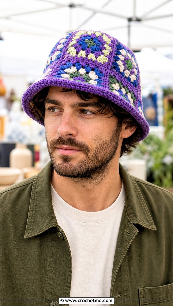 Granny Square Crochet Bucket Hat With Workwear Jacket - 15 Crochet Men's Hats outfit ideas