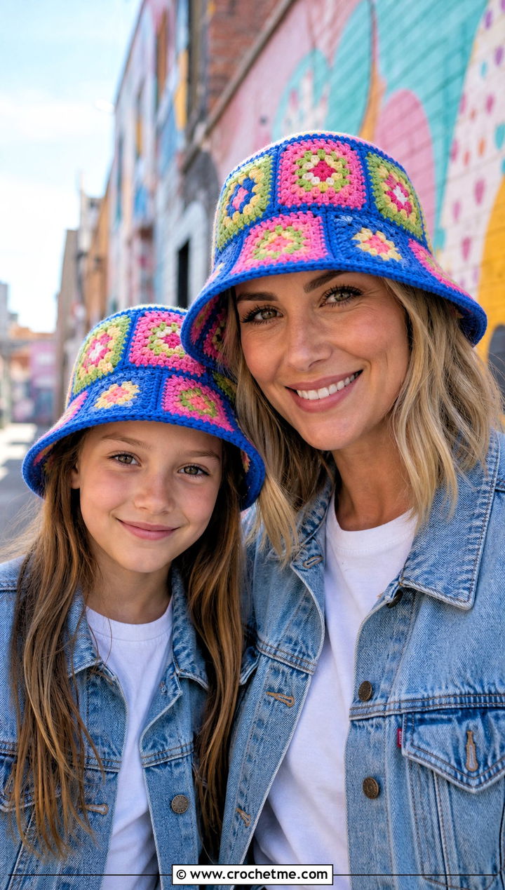 Granny Square Crochet Bucket Hats With Denim Jackets - 25 crochet mommy and me hats outfit ideas
