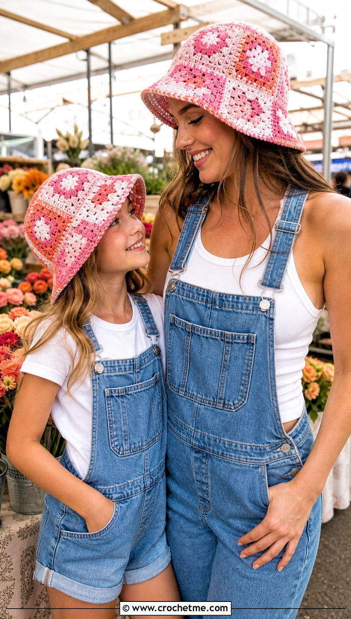 Granny Square Crochet Bucket Hats With Overalls - 25 Mommy And Me Crochet Hats outfit ideas