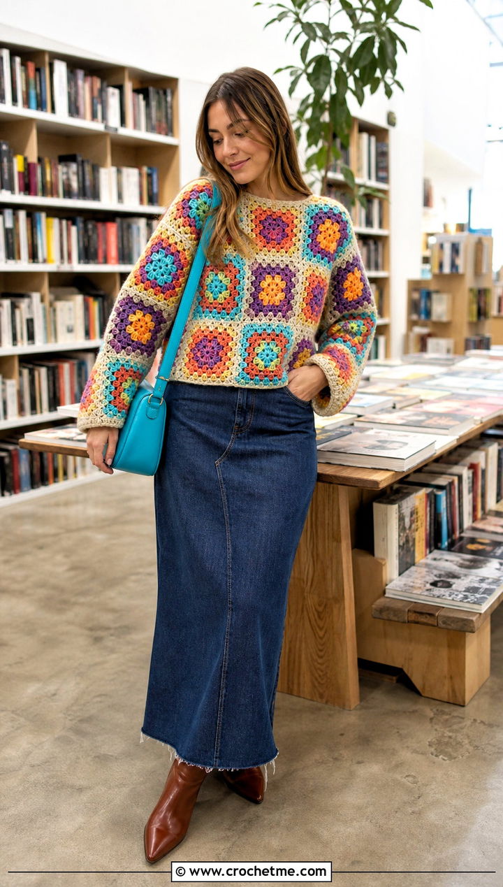 Granny Square Crochet Bulky Sweater With Denim Maxi Skirt - 25 Crochet Bulky Sweater outfit ideas