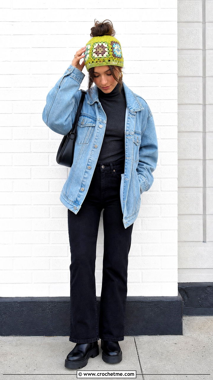 Granny Square Crochet Bun Hat With Denim Jacket - 35 crochet bun hat outfit ideas