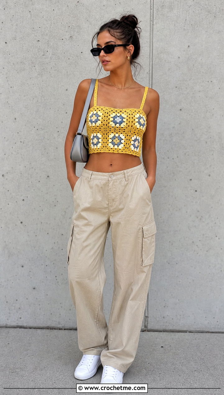 Granny Square Crochet Bustier With Cargo Pants - 30 crochet bustier outfit ideas