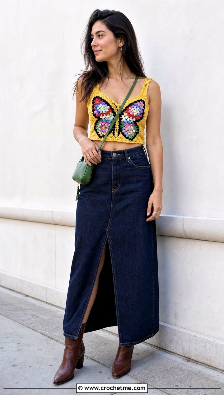 Granny Square Crochet Butterfly Top With Denim Maxi Skirt - 30 crochet butterfly tops outfit ideas