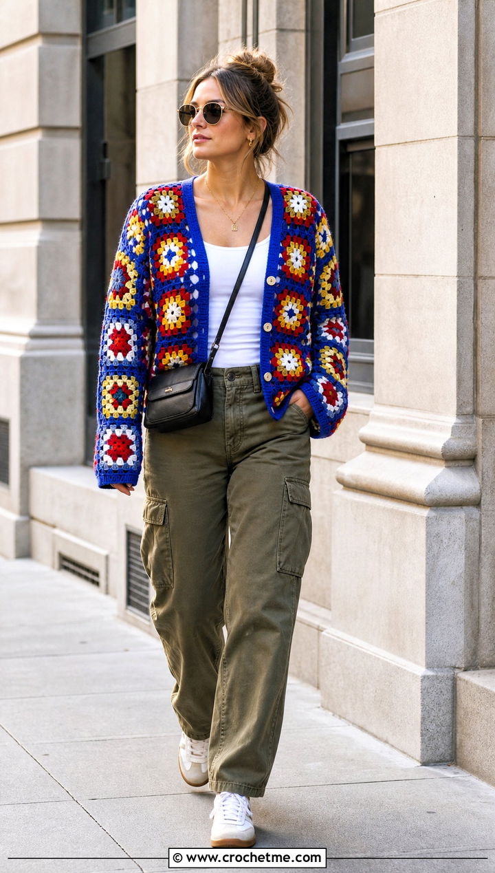 Granny Square Crochet Button Cardigan With Cargo Pants - 15 crochet sweater with button closure outfit ideas