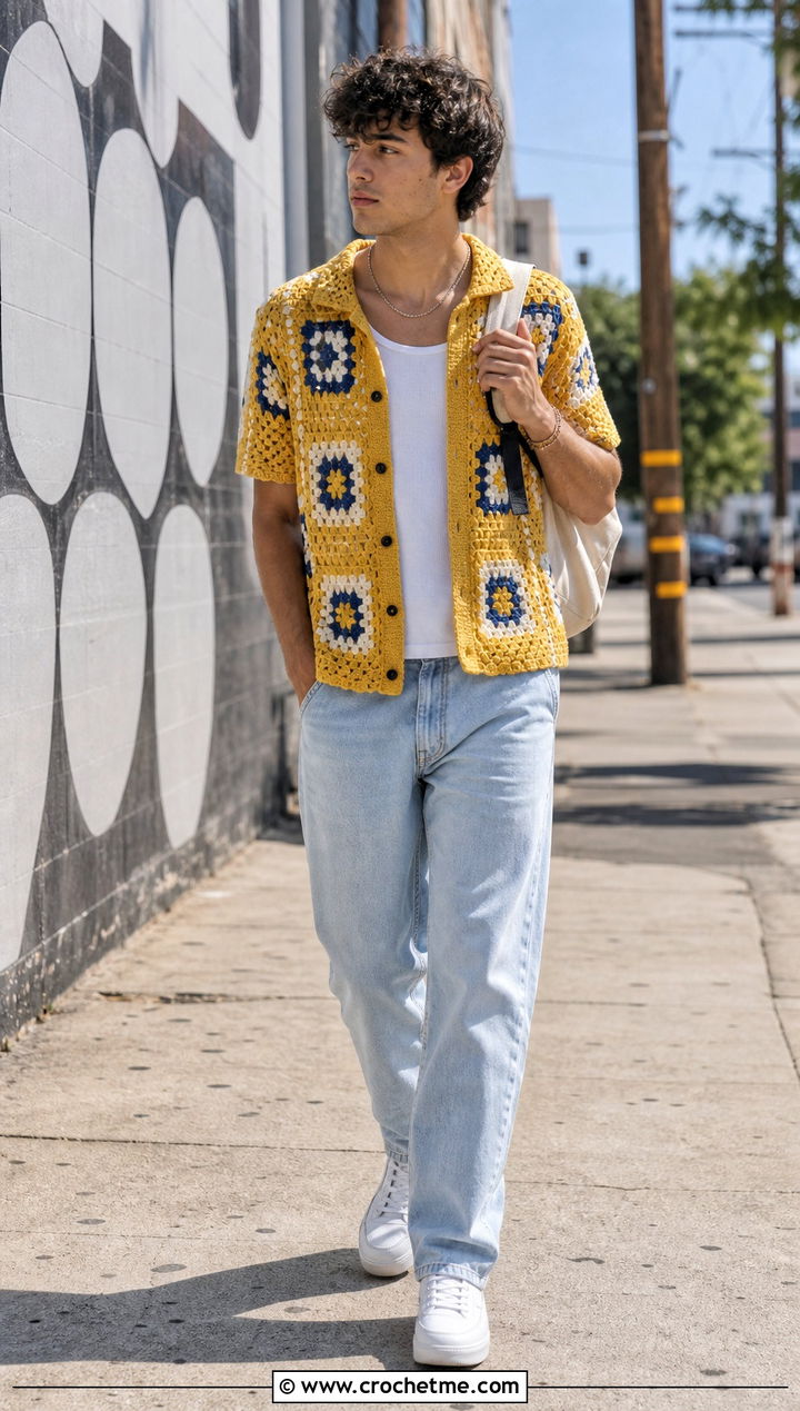 Granny Square Crochet Button Down With Baggy Jeans - 25 Crochet Guys Clothes and outfit ideas