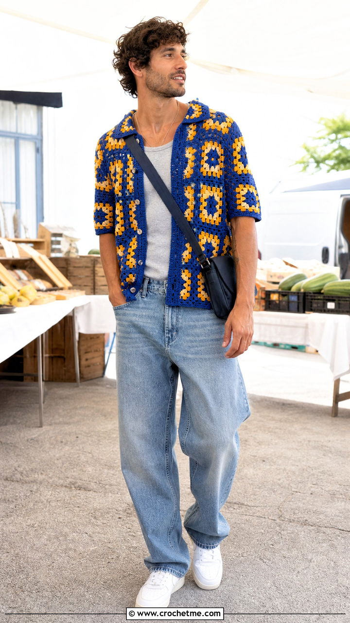 Granny Square Crochet Button Down With Relaxed Jeans - 35 crochet top for men outfit ideas