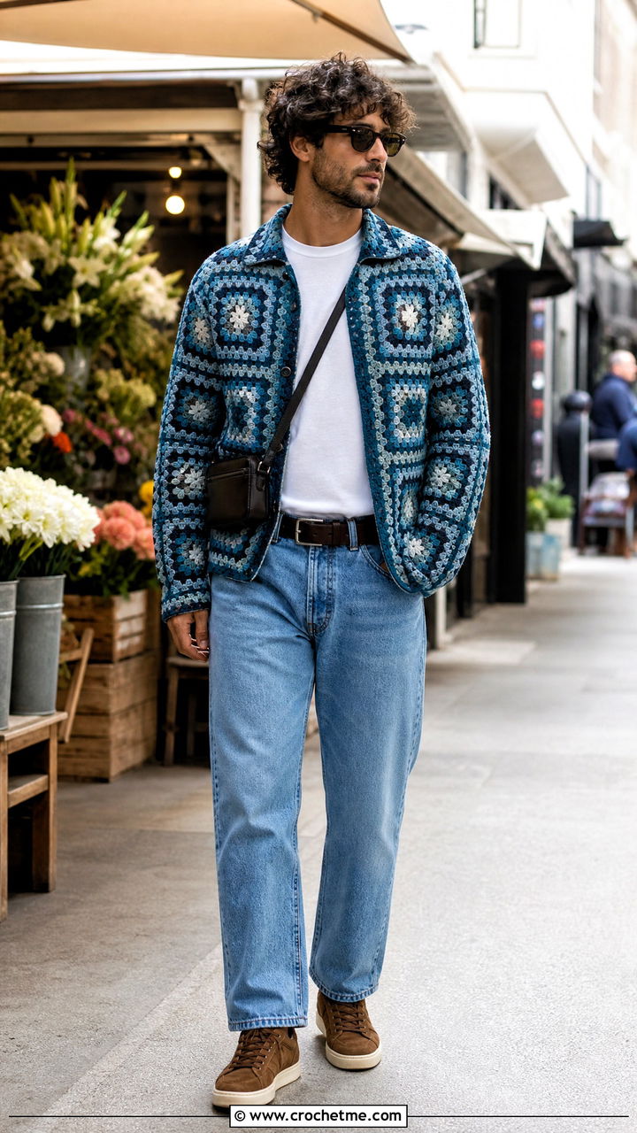Granny Square Crochet Button Down With Straight Jeans - 35 crochet top men outfit ideas