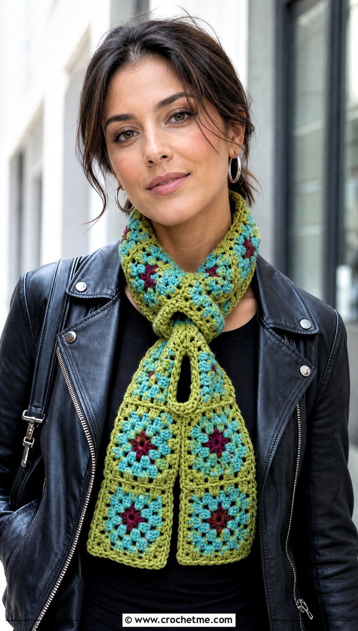 Granny Square Crochet Button Hole Scarf With Leather Jacket - 15 Crochet Button Hole Scarf outfit ideas