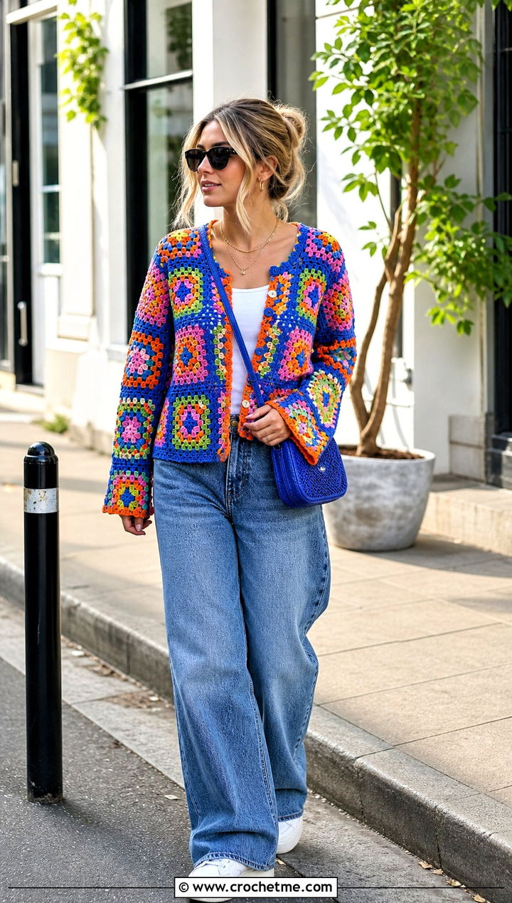 Granny Square Crochet Button Shirt With Wide Leg Jeans - 30 crochet button top outfit ideas