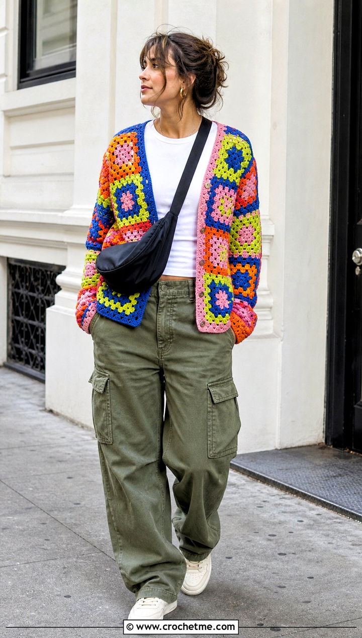 Granny Square Crochet Button Sweater With Cargo Pants - 30 Crochet Button Sweater outfit ideas