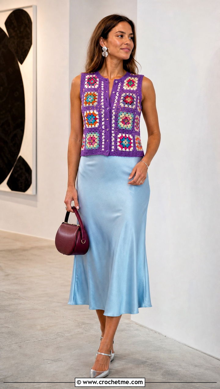 Granny Square Crochet Button Up Tank Top With Satin Midi Skirt - 15 Crochet Button Up Tank Top outfit ideas