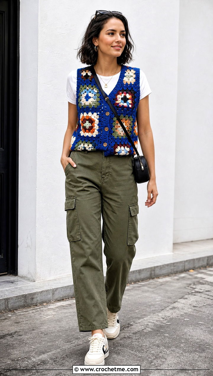 Granny Square Crochet Button Up Vest With Cargo Pants - 25 Crochet Button Up Vest outfit ideas