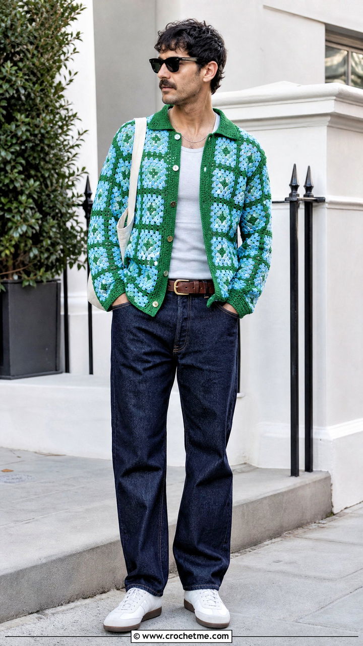 Granny Square Crochet Button Up With Straight Jeans - 35 crochet mens shirt outfit ideas
