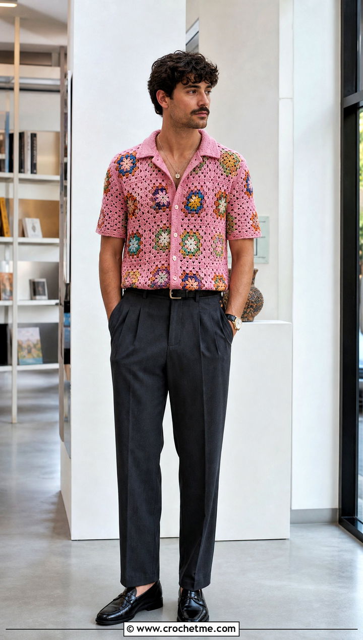 Granny Square Crochet Button Up With Tailored Trousers - 15 crochet tops for men outfit ideas