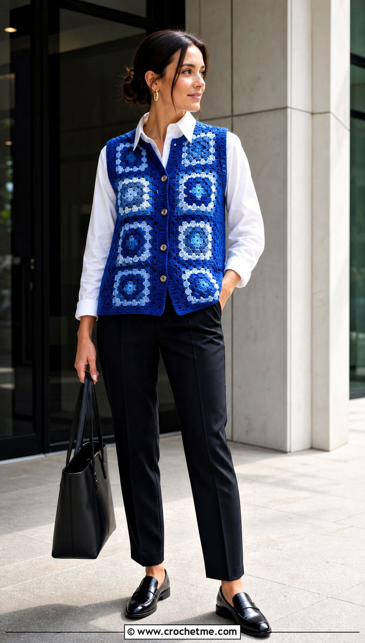 Granny Square Crochet Button Vest With White Shirt - 35 crochet button vest outfit ideas