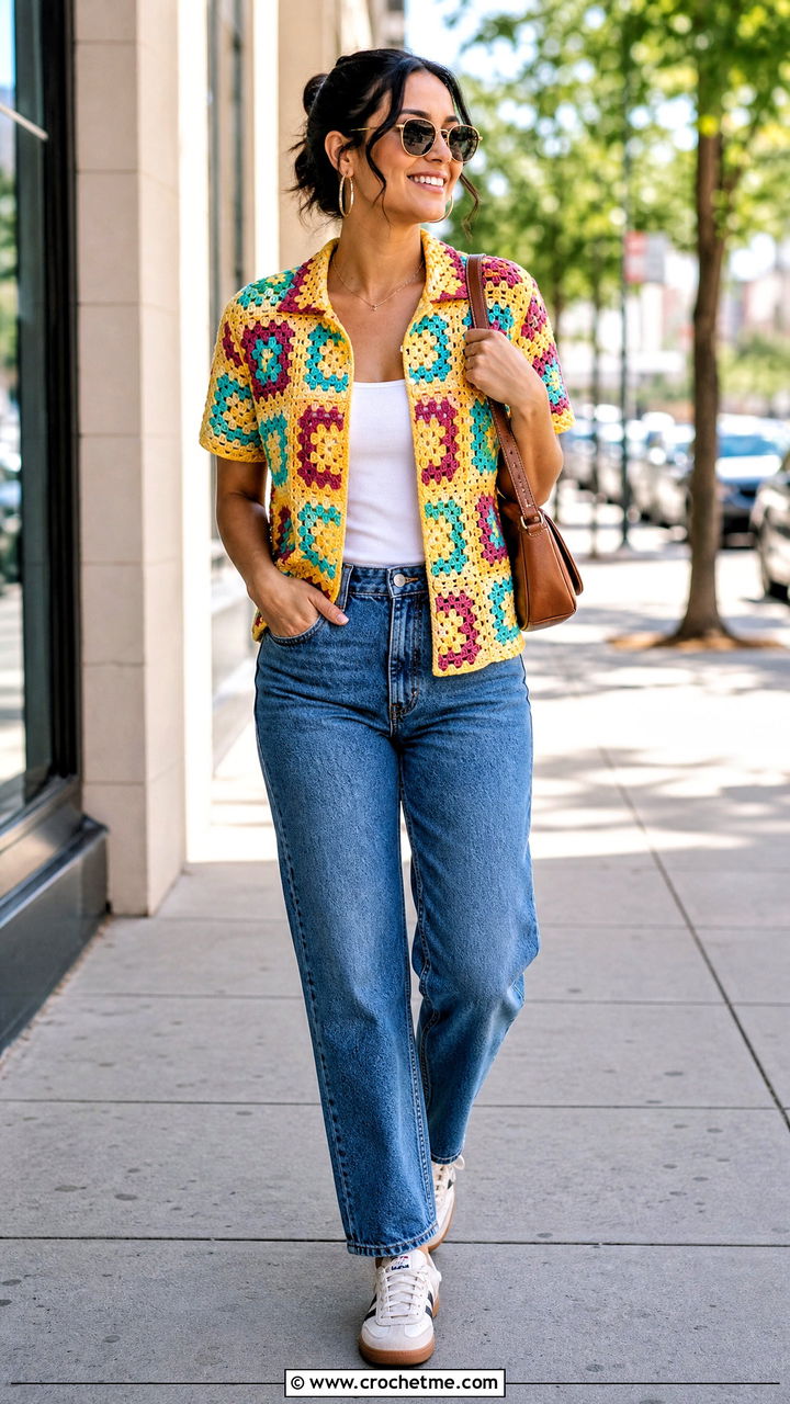 Granny Square Crochet Camp Collar Shirt With Straight Jeans - 35 crochet collared shirt outfit ideas