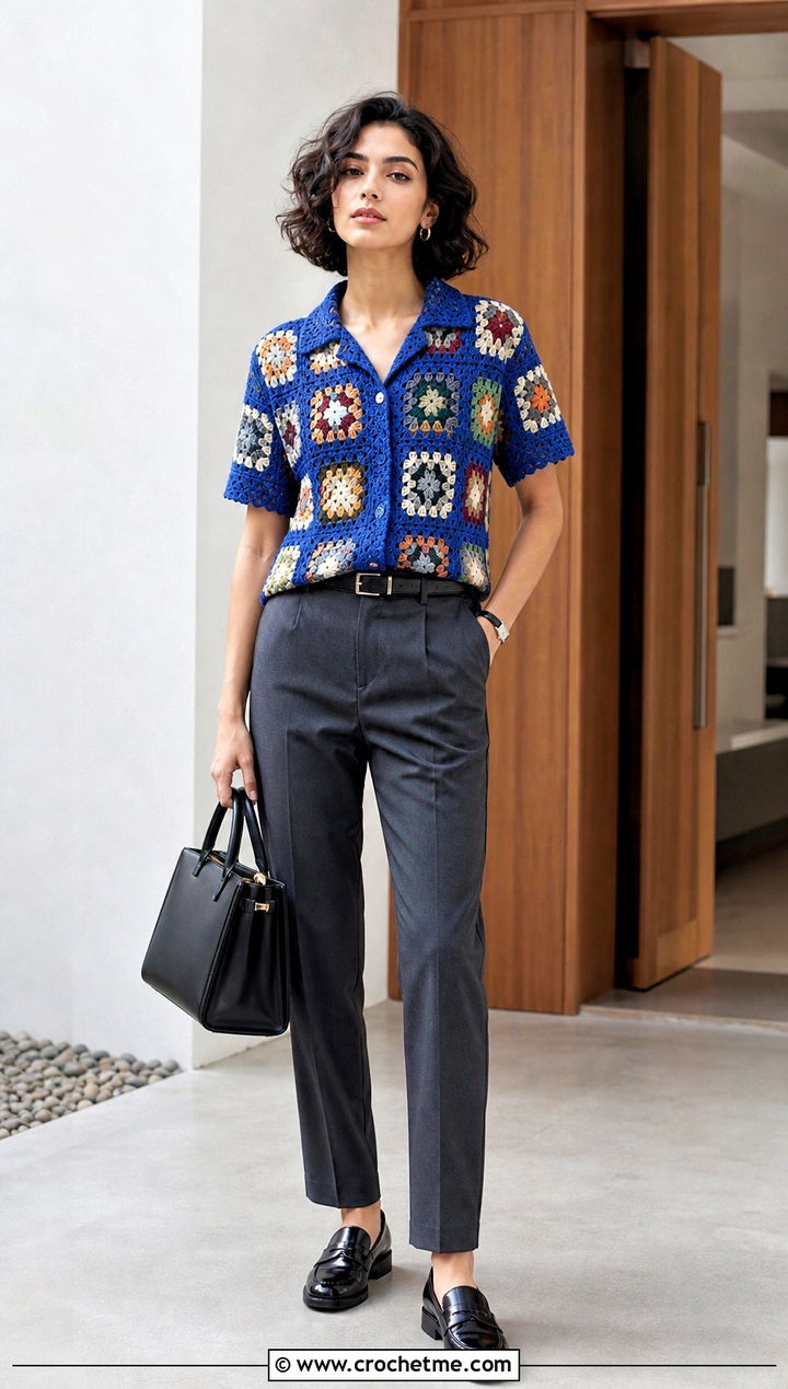 Granny Square Crochet Camp Shirt With Tailored Trousers - 35 crochet shirt for women outfit ideas