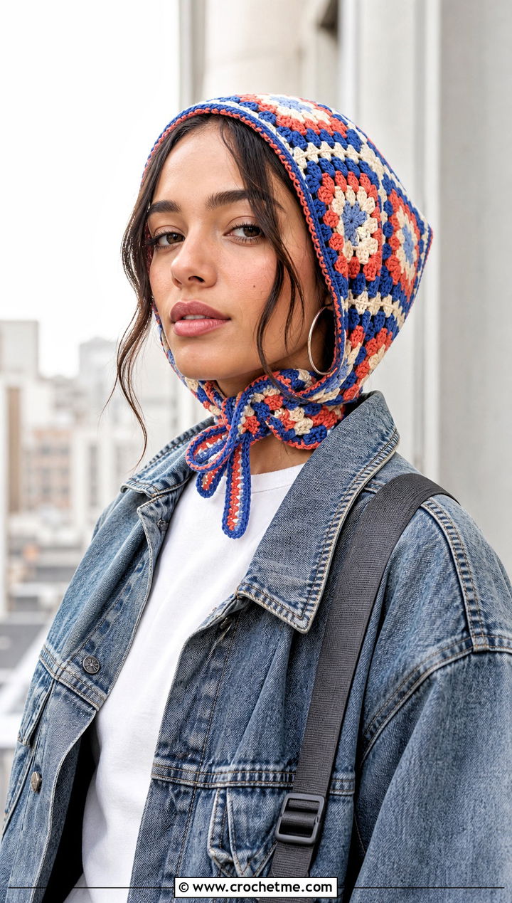 Granny Square Crochet Cap Scarf With Denim Jacket - 25 Crochet Cap Scarf outfit ideas