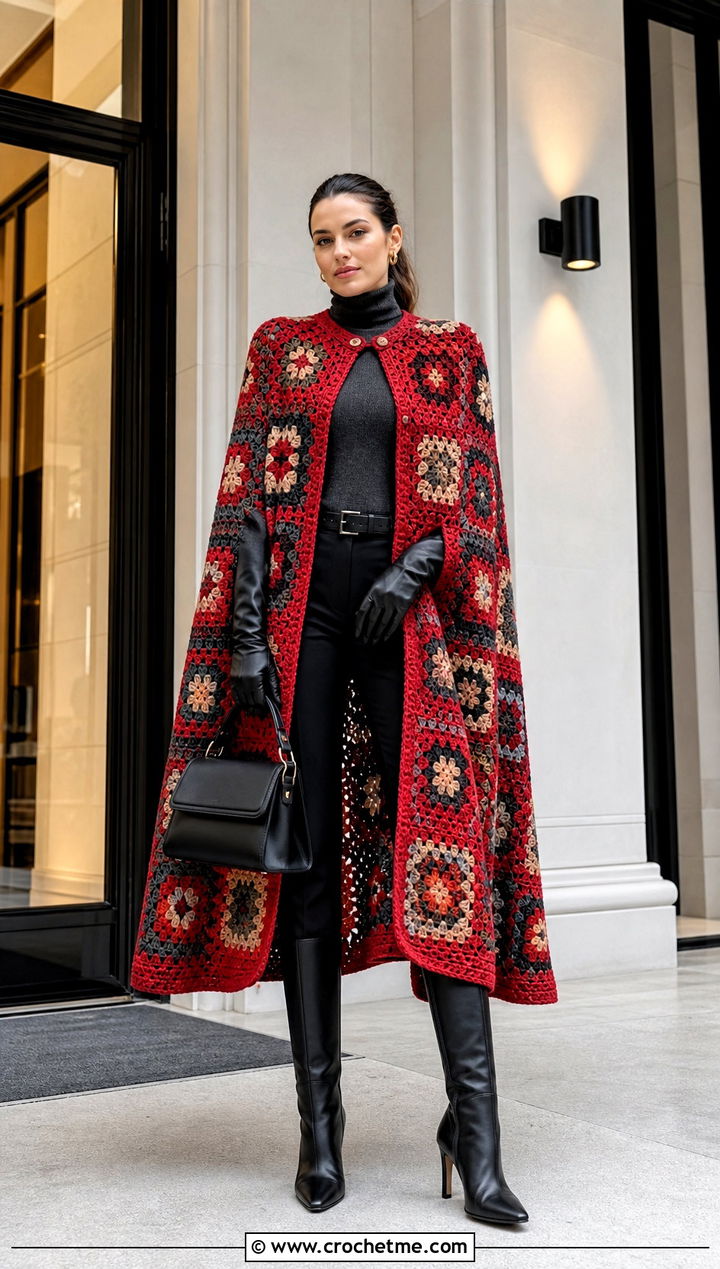 Granny Square Crochet Cape Coat With Slim Trousers - 15 Granny Square Crochet Coats & Jackets outfit ideas