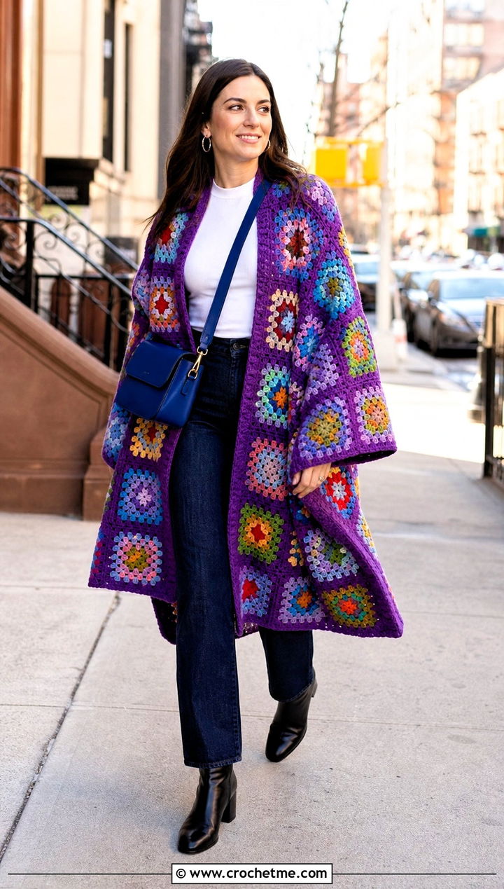 Granny Square Crochet Cape Coat With Straight Leg Jeans - 15 Crochet Cape Coat outfit ideas