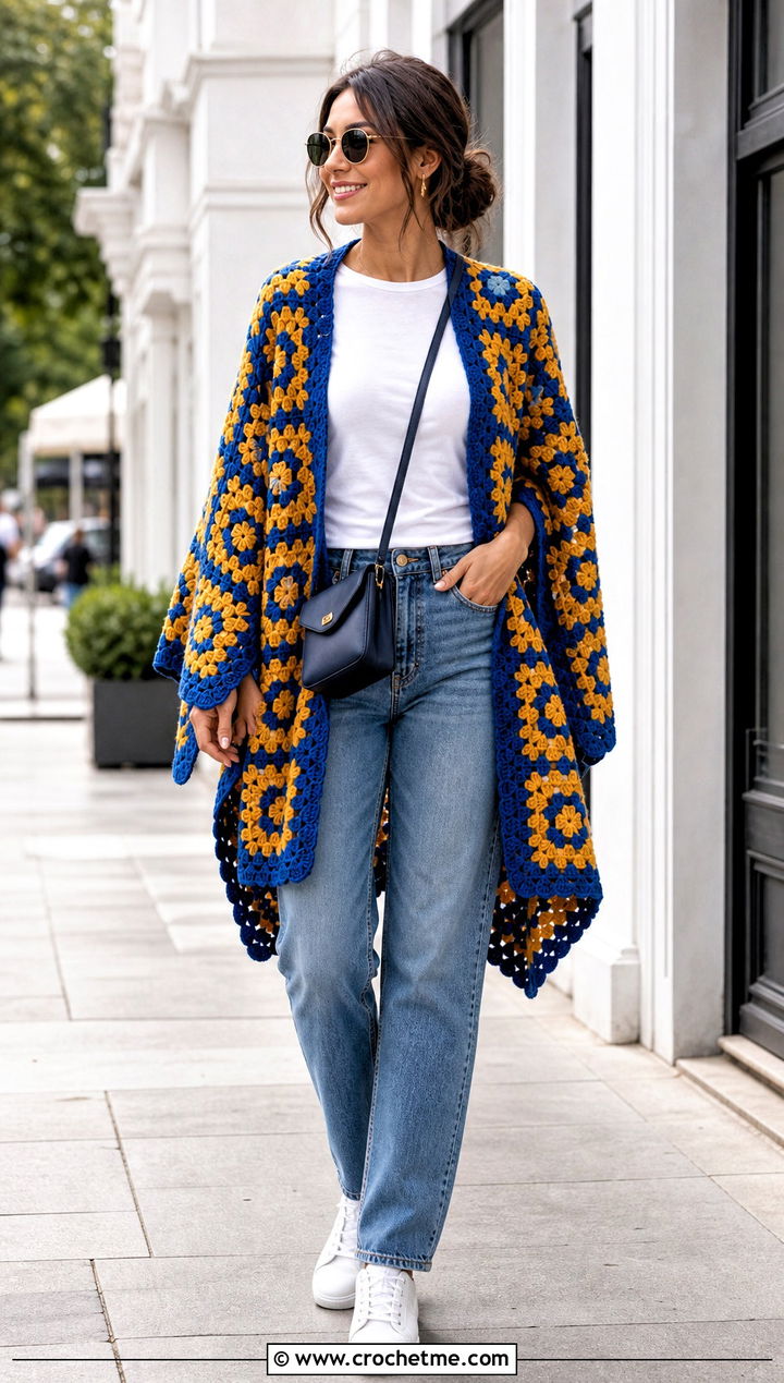 Granny Square Crochet Cape With Straight Leg Jeans - 15 diy crochet cape outfit ideas