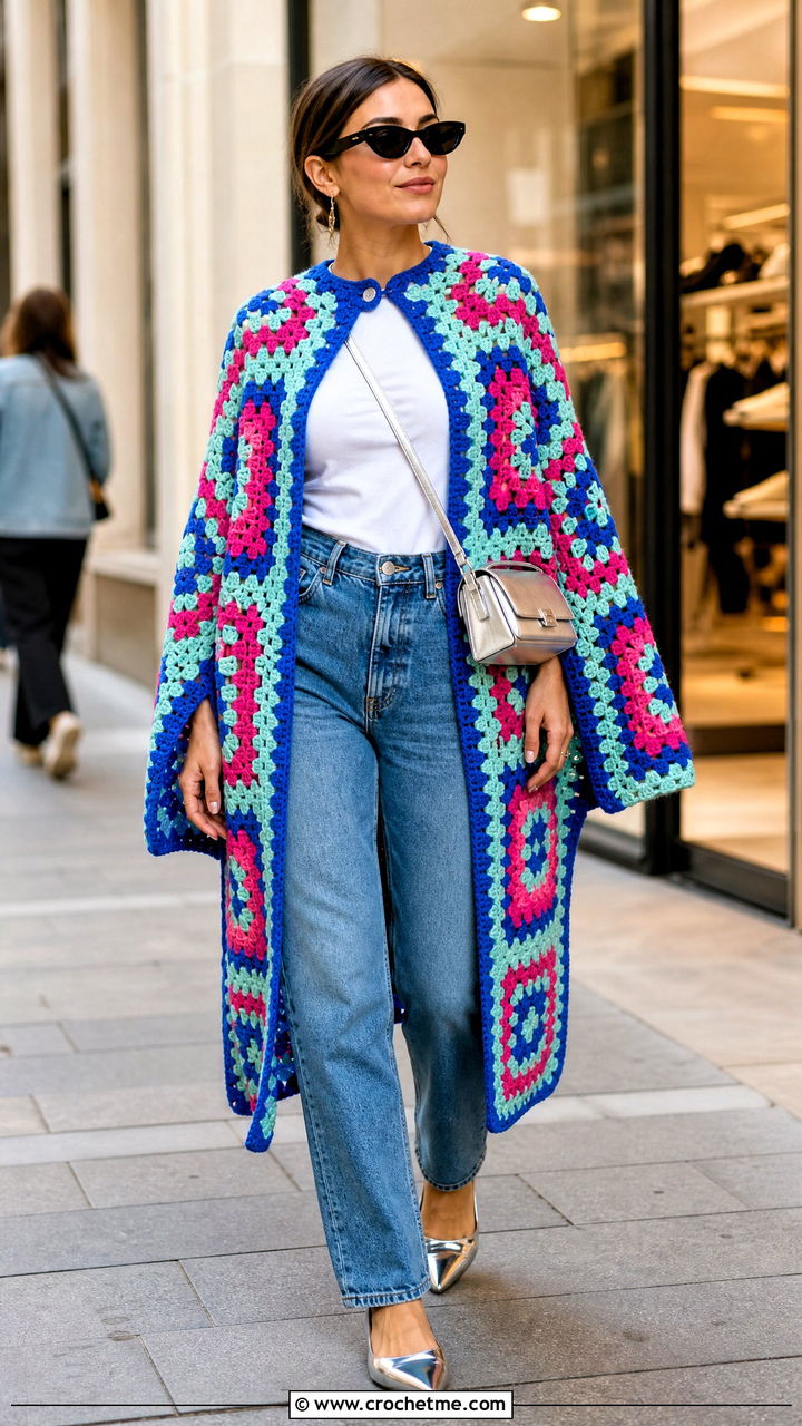 Granny Square Crochet Cape With Straight Leg Jeans - 35 crochet cape outfit ideas
