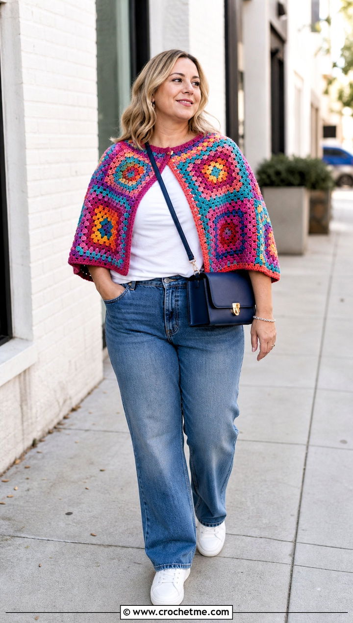 Granny Square Crochet Capelet Shawl With Straight Jeans - 30 crochet caplet shawl outfit ideas