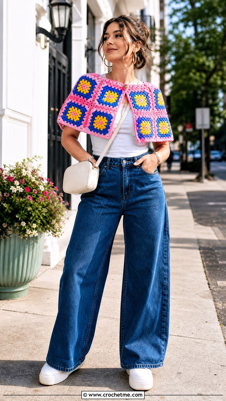 Granny Square Crochet Capelet With Wide Leg Jeans - 35 crochet capelet outfit ideas