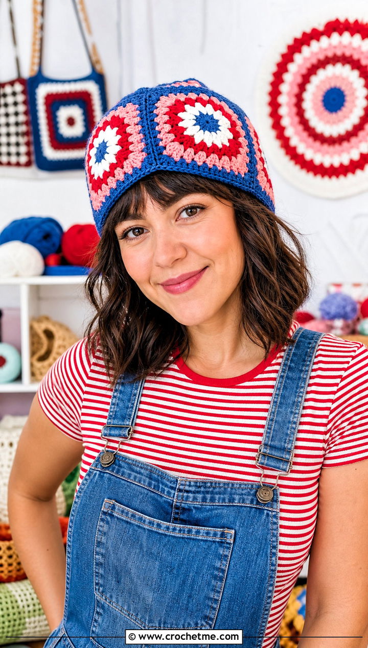 Granny Square Crochet Captain America Beanie With Overalls - 25 Crochet Captain America Hat outfit ideas